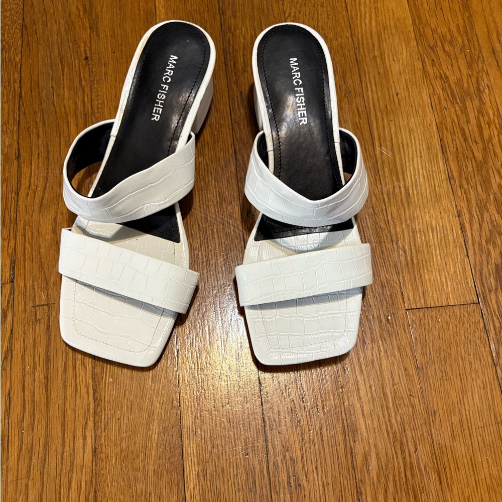 Marc Fisher White Sandals with Block Heel and Quilted Straps